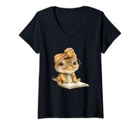 Mujer Bebé Reptil Libro Abierto Lectura gráfico Lagarto Gafas Redondas Camiseta Cuello V