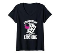 Mujer Bebe Vino y Juega Euchre Card Game Camiseta Cuello V