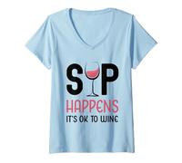 Mujer Bebedor de Copa de Vino Rosa con Texto en inglés Sip Happens It's Ok To Wine Camiseta Cuello V