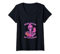 Mujer Bebida energética de café Dead Inside But Caffeinated Skeleton Camiseta Cuello V