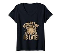 Mujer Being In Time Is Late Cita Divertida Cita Comercial Temprana Camiseta Cuello V