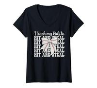 Mujer Béisbol Mamá Día de la Madre Enseño a mis hijos a golpear y robar Camiseta Cuello V