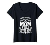 Mujer Béisbol Mamá Swing Y Miss Mamá Todavía Te Ama Camiseta Cuello V