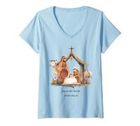 Mujer Belén Boho Alegría al Mundo Navidad Camiseta Cuello V