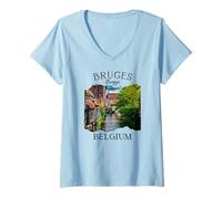 Mujer Bélgica Patrimonio Iconic Brujas Canal Arquitectura Medieval Camiseta Cuello V