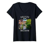 Mujer Bélgica Patrimonio Iconic Brujas Canal Arquitectura Medieval Camiseta Cuello V