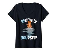 Mujer Believe In Yourself - Espejo de Reflejo de Tigre y Gato Jengibre Camiseta Cuello V