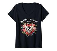 Mujer Bendecida por Dios Durante 65 años, Flor de Rosa para Mujer, 65 cumpleaños Camiseta Cuello V