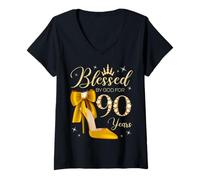 Mujer Bendecida por Dios para una Reina Que Cumple 90 años Camiseta Cuello V