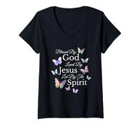 Mujer Bendecido Por Dios Amado Por Jesús Mariposa Cristiano Religioso Camiseta Cuello V