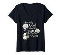 Mujer Bendecido por Dios, amado por Jesús, rosa, floral, religiosa Camiseta Cuello V