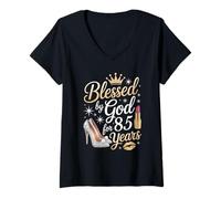 Mujer Bendecido por Dios por 85 Años Feliz 85 Cumpleaños Camiseta Cuello V