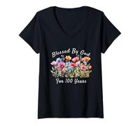 Mujer Bendecido por Dios por el centésimo cumpleaños de una Flor Silvestre de 100 años Camiseta Cuello V