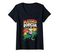 Mujer Bendito Boricua Orgullo por Puerto Rico Rana Divertida Retro Camiseta Cuello V