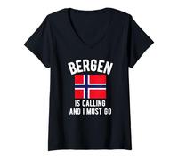 Mujer Bergen Is Calling and I Must Go Noruega Vintage Flag Vacaciones Camiseta Cuello V