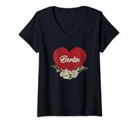 Mujer Berlín Alemania Ciudad Vintage Viajes Vacaciones Corazón Rosas Camiseta Cuello V