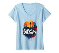 Mujer Berlín Alemania Torre TV Horizonte De La Ciudad Acuarela Graf Camiseta Cuello V