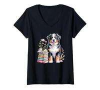 Mujer Bernese Mountain Dog Berner Bookworm Flowers Book Reading Camiseta Cuello V