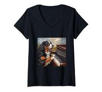 Mujer Bernese Mountain Dog Piano Dog Camiseta Cuello V