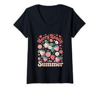 Mujer Berry lista para la diversión de la reverencia de fresas de Camiseta Cuello V