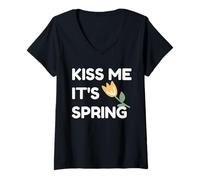 Mujer Bésame, es Divertido con Flores de tulipán Naranja y Primavera Camiseta Cuello V