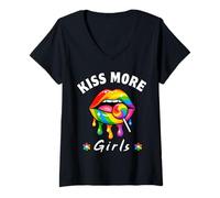 Mujer Beso Más Chicas Divertido Lesbianas Orgullo Gay LGBT Labios Arco Iris Camiseta Cuello V