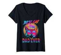Mujer Best Cat Dad Ever Vintage 80s Funny Fathers Day Cat Lover Camiseta Cuello V