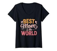 Mujer Best Mom In The World Retro Tipografía Corazones Mamá Camiseta Cuello V