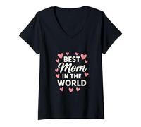 Mujer Best Mom In The World Tipografía Corazones Rosas Día Madre Camiseta Cuello V