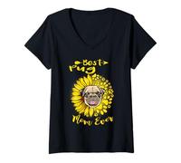 Mujer Best Pug Dog Mom Ever Sunflower Funny Paw Dogs Lovers Camiseta Cuello V