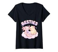 Mujer Besties Axolotl Capybara Bubble Tea Lindo Kawaii Anime Animal Camiseta Cuello V