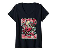 Mujer Beyond Broken Heart Flores Rojas Un Esqueleto Abrazo Emocional Camiseta Cuello V