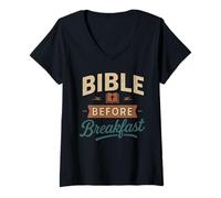 Mujer Biblia Antes del Desayuno - Fe Cristiana Divertida Camiseta Cuello V