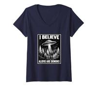 Mujer Biblia Creyente Basado en la Fe Conspiración Retro UFO Profecía Camiseta Cuello V