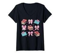 Mujer Bibliotecaria, biblioteca, libros, niña, coqueta, lazo rosa, mamá Camiseta Cuello V