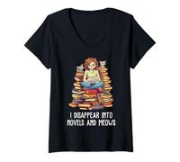 Mujer Bibliotecario con Texto en inglés I Disappear into Novels and Meows Camiseta Cuello V