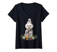 Mujer Bichon Frise con temática navideña para perros Camiseta Cuello V
