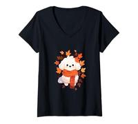 Mujer Bichon Frise Perro Hojas de otoño Acción de Gracias Camiseta Cuello V