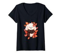Mujer Bichon Frise Perro Hojas de otoño Acción de Gracias Camiseta Cuello V