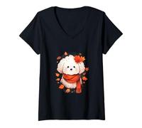 Mujer Bichon Frise Perro Hojas de otoño Acción de Gracias Camiseta Cuello V