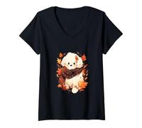 Mujer Bichon Frise Perro Hojas de otoño Acción de Gracias Camiseta Cuello V