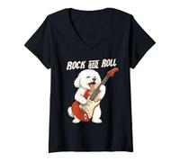 Mujer Bichon Frise Tocando Guitarra Rock and Roll Dog Lover Camiseta Cuello V