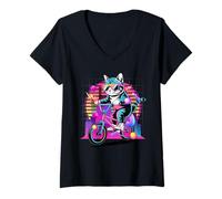 Mujer Bicicleta BMX Retro Cat Riding 80s Synthwave estética Camiseta Cuello V