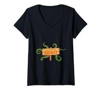 Mujer Bienvenido a la Costa Ciudad Ciudad Monstruo Espeluznante cómic Divertido Camiseta Cuello V
