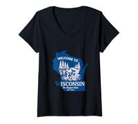Mujer Bienvenido a Wisconsin Silueta Vintage del Estado Camiseta Cuello V