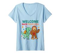 Mujer Bienvenido de nuevo a la escuela Happy Bigfoot Cute Dinosaur 3 Rex Camiseta Cuello V