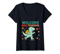 Mujer Bienvenido de vuelta a la escuela Happy 3 Rex Cute Dinosaur Camiseta Cuello V
