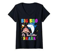 Mujer Big Bro of The Little Shark Little Sister Shark Birthday Camiseta Cuello V