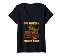 Mujer Big Wheel Bigger Roar Dino Fan Design Monster Truck Racing Camiseta Cuello V