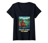 Mujer Bigfoot Alien Campfire Press Start To Camp, Divertido Estilo Retro Camiseta Cuello V